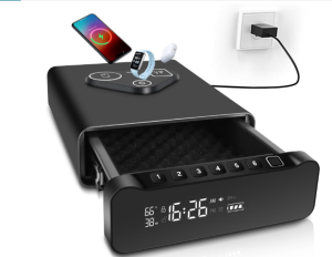 Fingerprint Biometric Gun Safe, Clock Handgun Safe with 3-in-1 Watch & Phone Wireless Charging, Drawer Lock for Hand guns, Cash, Valuables- with...