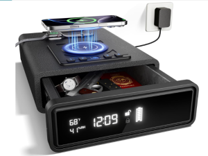 ORARAER Biometric Safe with Wireless Charging, 3 Access Methods to Unlock, Nightstand Drawer Safe LED Display with Humidity & Temp, Money Box for Cash...