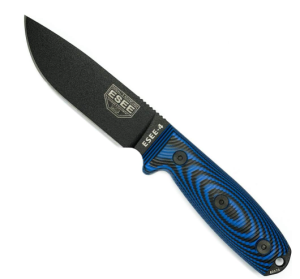  ESEE-4 Fixed Blade Knife with Sheath, 1095 Carbon Steel, Outdoor Knife with 3D Contoured Handle, Made in USA, (Black Blade, Blue/Black G10 3D Handle)